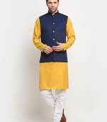 Men Cotton Solid Mustard Kurta Churidar With Navy Blue Twill Nehru Jacket Set