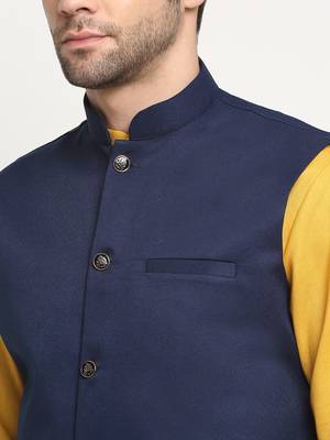 Men Cotton Solid Mustard Kurta Churidar With Navy Blue Twill Nehru Jacket Set 2