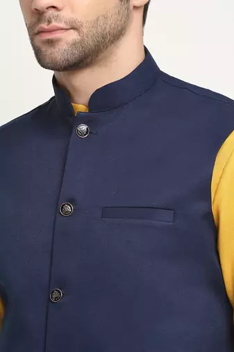 Men Cotton Solid Mustard Kurta Churidar With Navy Blue Twill Nehru Jacket Set