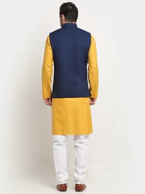 Men Cotton Solid Mustard Kurta Churidar With Navy Blue Twill Nehru Jacket Set 3