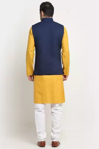 Men Cotton Solid Mustard Kurta Churidar With Navy Blue Twill Nehru Jacket Set