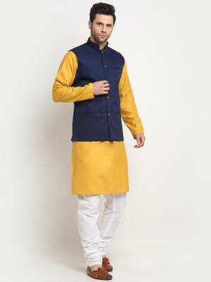 Men Cotton Solid Mustard Kurta Churidar With Navy Blue Twill Nehru Jacket Set 4