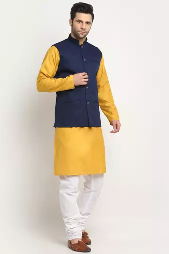 Men Cotton Solid Mustard Kurta Churidar With Navy Blue Twill Nehru Jacket Set