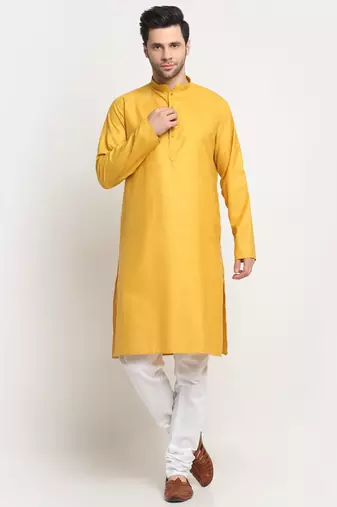 Men Cotton Solid Mustard Kurta Churidar With Navy Blue Twill Nehru Jacket Set