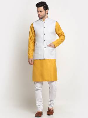 Men Cotton Solid Mustard Kurta Churidar With White Twill Nehru Jacket Set 1