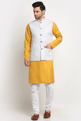 Men Cotton Solid Mustard Kurta Churidar With White Twill Nehru Jacket Set