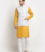 Men Cotton Solid Mustard Kurta Churidar With White Twill Nehru Jacket Set