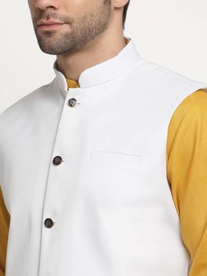 Men Cotton Solid Mustard Kurta Churidar With White Twill Nehru Jacket Set 2