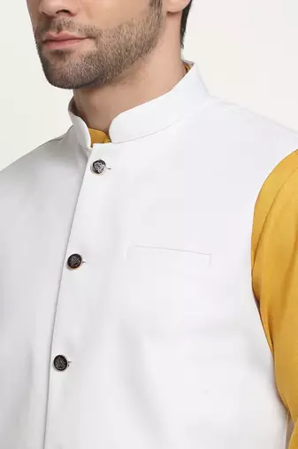 Men Cotton Solid Mustard Kurta Churidar With White Twill Nehru Jacket Set
