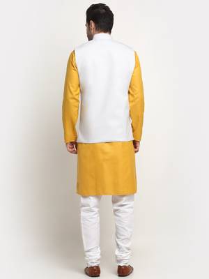 Men Cotton Solid Mustard Kurta Churidar With White Twill Nehru Jacket Set 3