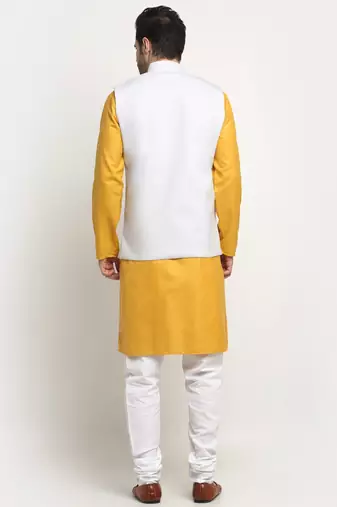 Men Cotton Solid Mustard Kurta Churidar With White Twill Nehru Jacket Set