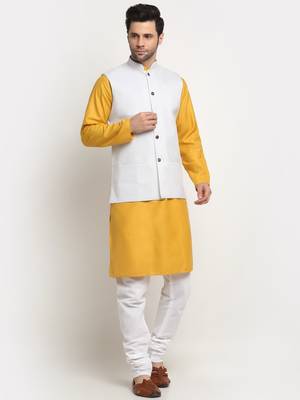 Men Cotton Solid Mustard Kurta Churidar With White Twill Nehru Jacket Set 4