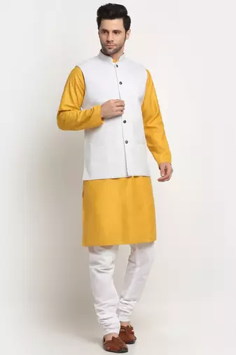 Men Cotton Solid Mustard Kurta Churidar With White Twill Nehru Jacket Set