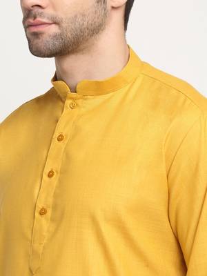Men Cotton Solid Mustard Kurta Churidar With White Twill Nehru Jacket Set 6
