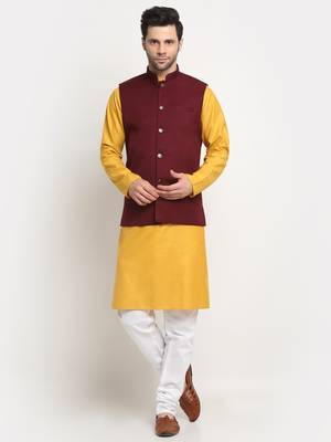 Men Cotton Solid Mustard Kurta Churidar With Maroon Twill Nehru Jacket Set 1