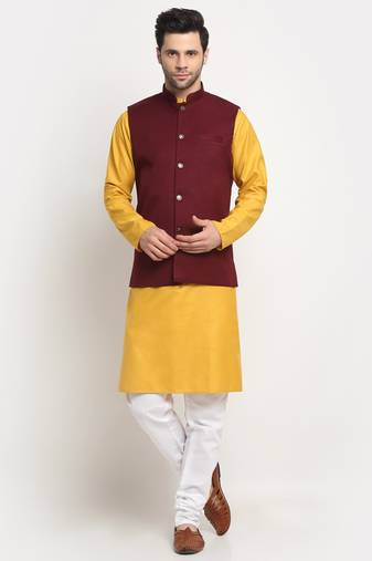 Men Cotton Solid Mustard Kurta Churidar With Maroon Twill Nehru Jacket Set