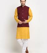 Men Cotton Solid Mustard Kurta Churidar With Maroon Twill Nehru Jacket Set