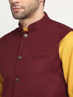 Men Cotton Solid Mustard Kurta Churidar With Maroon Twill Nehru Jacket Set 2