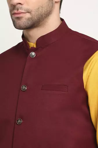 Men Cotton Solid Mustard Kurta Churidar With Maroon Twill Nehru Jacket Set