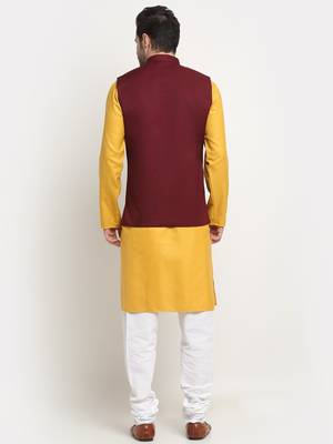 Men Cotton Solid Mustard Kurta Churidar With Maroon Twill Nehru Jacket Set 3