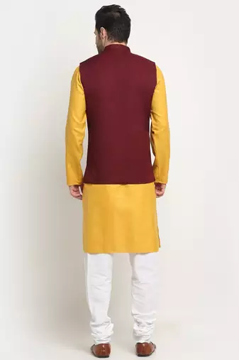 Men Cotton Solid Mustard Kurta Churidar With Maroon Twill Nehru Jacket Set