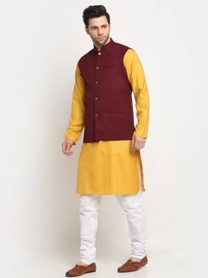 Men Cotton Solid Mustard Kurta Churidar With Maroon Twill Nehru Jacket Set 4