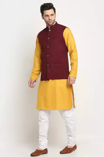 Men Cotton Solid Mustard Kurta Churidar With Maroon Twill Nehru Jacket Set
