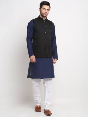 Men Cotton Solid Navy Blue Kurta Churidar With Black Twill Nehru Jacket Set 1