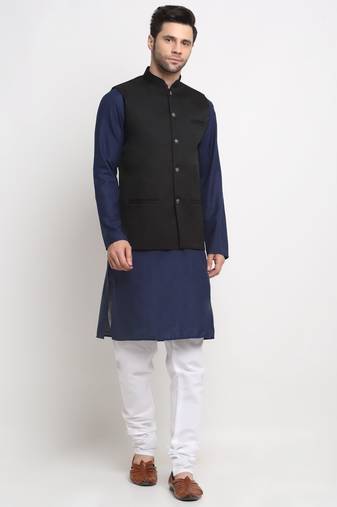 Men Cotton Solid Navy Blue Kurta Churidar With Black Twill Nehru Jacket Set