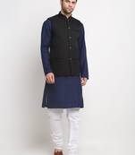 Men Cotton Solid Navy Blue Kurta Churidar With Black Twill Nehru Jacket Set