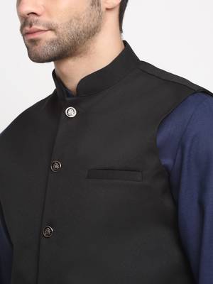 Men Cotton Solid Navy Blue Kurta Churidar With Black Twill Nehru Jacket Set 2