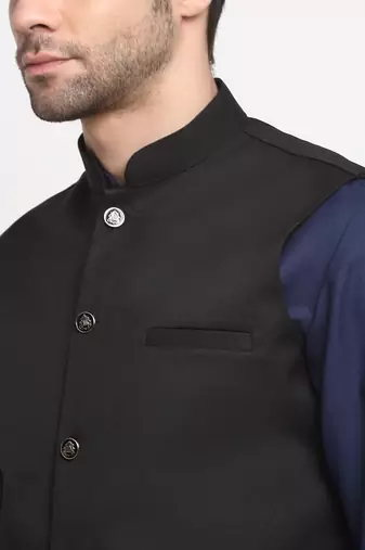 Men Cotton Solid Navy Blue Kurta Churidar With Black Twill Nehru Jacket Set