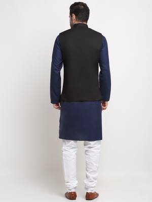Men Cotton Solid Navy Blue Kurta Churidar With Black Twill Nehru Jacket Set 3