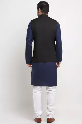 Men Cotton Solid Navy Blue Kurta Churidar With Black Twill Nehru Jacket Set