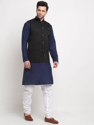 Men Cotton Solid Navy Blue Kurta Churidar With Black Twill Nehru Jacket Set 4