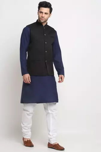 Men Cotton Solid Navy Blue Kurta Churidar With Black Twill Nehru Jacket Set