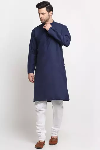 Men Cotton Solid Navy Blue Kurta Churidar With Black Twill Nehru Jacket Set