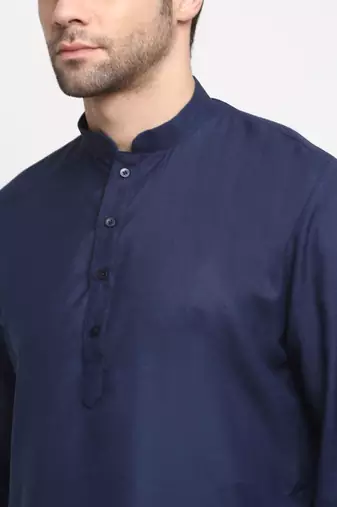 Men Cotton Solid Navy Blue Kurta Churidar With Black Twill Nehru Jacket Set