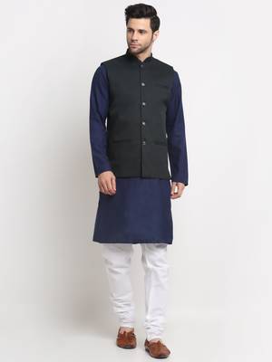 Men Cotton Solid Navy Blue Kurta Churidar With Green Twill Nehru Jacket Set 1
