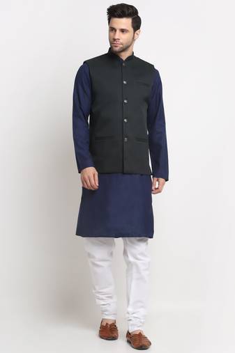 Men Cotton Solid Navy Blue Kurta Churidar With Green Twill Nehru Jacket Set