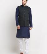 Men Cotton Solid Navy Blue Kurta Churidar With Green Twill Nehru Jacket Set