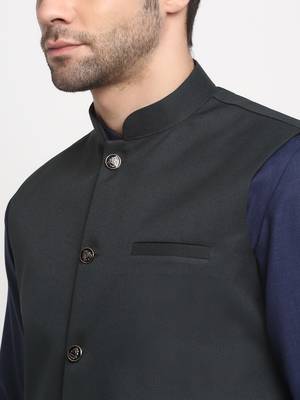 Men Cotton Solid Navy Blue Kurta Churidar With Green Twill Nehru Jacket Set 2