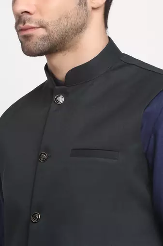 Men Cotton Solid Navy Blue Kurta Churidar With Green Twill Nehru Jacket Set