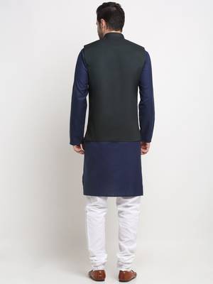 Men Cotton Solid Navy Blue Kurta Churidar With Green Twill Nehru Jacket Set 3