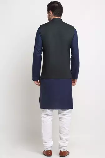 Men Cotton Solid Navy Blue Kurta Churidar With Green Twill Nehru Jacket Set