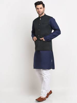 Men Cotton Solid Navy Blue Kurta Churidar With Green Twill Nehru Jacket Set 4