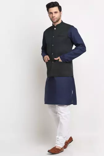 Men Cotton Solid Navy Blue Kurta Churidar With Green Twill Nehru Jacket Set