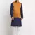 Men Cotton Solid Navy Blue Kurta Churidar With Mustard Twill Nehru Jacket Set