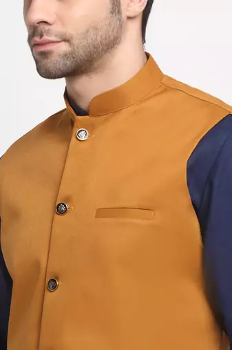Men Cotton Solid Navy Blue Kurta Churidar With Mustard Twill Nehru Jacket Set