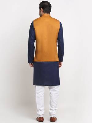 Men Cotton Solid Navy Blue Kurta Churidar With Mustard Twill Nehru Jacket Set 3